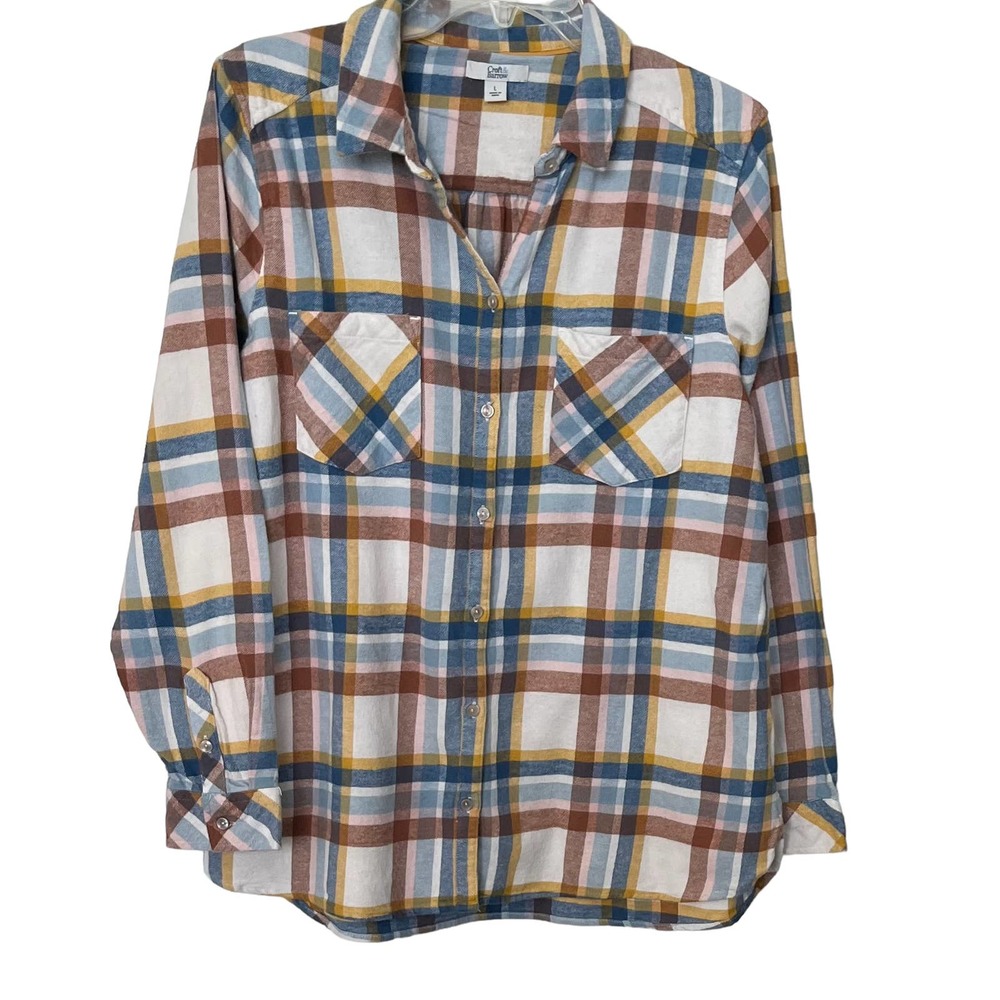 CROFT & BARROW LONG SLEEVE FLANNEL SHIRT, WOMENS, L, BLUE BRN PINK YELLOW PLAID